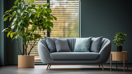 Blue stylish furniture, armchair or couch with decorative pillow, home style