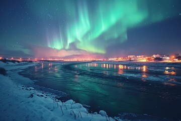 Aurora Borealis Display Over Snow-Covered Landscape in Arctic Night