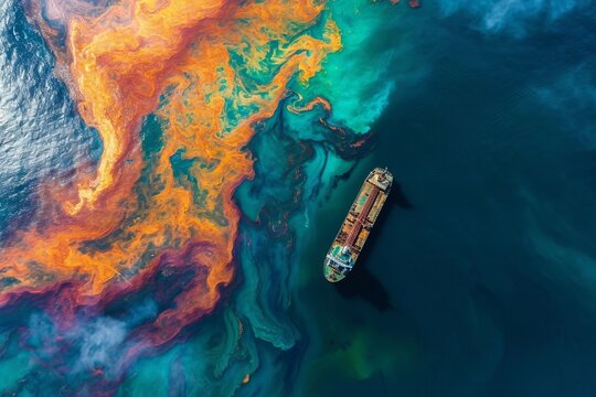 Oil spill disaster with polluted sea and ship, top view