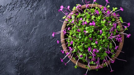 Assorted Lush microgreens with bright stems and leaves on a colored surface.