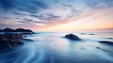 Fototapeta na wymiar Wonderful peaceful sunset at the sea, seascape background, tender and natural colors. Neural network AI generated art