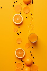 cut oranges on an orange background with some seeds