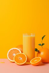 oranges, juice with oranges around on an orange background