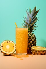 pineapple juice and cut pineapple on a mint green background