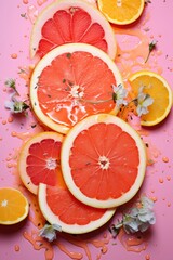 grapefruit and lemon cut in half on a pink background