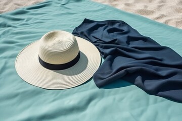 sunhat and glasses navy blue color, on the mint green beach towel in sand