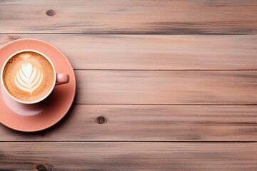 tender peach color cup of coffee, coffee beans on the bottom, wooden background