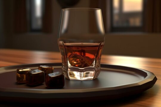 An image of a whiskey glass on a bar counter accompanied by a chocolate plate. Rendered in 3D. Generative AI