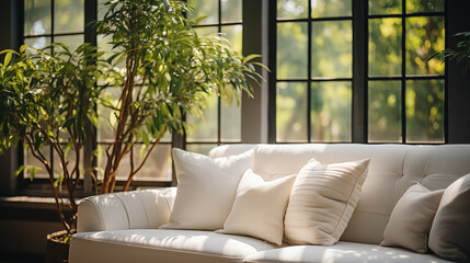 Light beige stylish furniture, armchair or couch with decorative pillow, home style