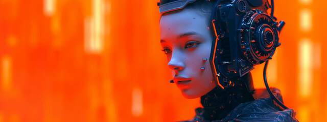 Fototapeta premium Woman in Futuristic Suit With Headphones, Modern Technology and Fashion Trends Collide