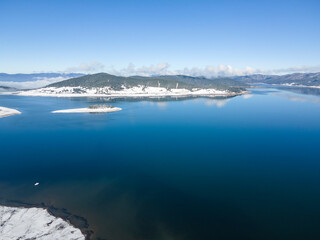 Aerial winter view of Batak Reservoir, Bulgaria