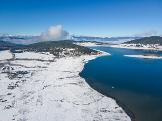 Aerial winter view of Batak Reservoir, Bulgaria