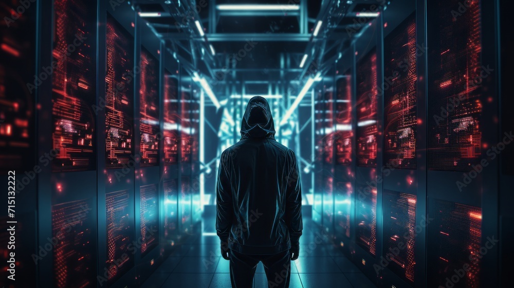 Aufkleber silhouette of a male hacker in a server room. neural network ai generated art