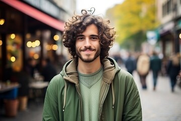 Portrait of a handsome young man with curly hair in Paris, France