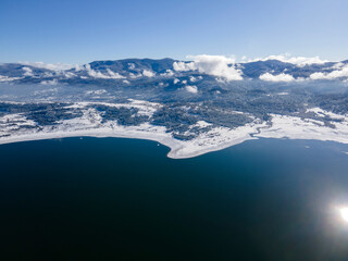 Fototapeta na wymiar Aerial winter view of Batak Reservoir, Bulgaria