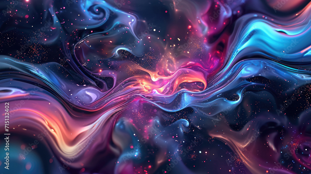 Poster a fluid background with a cosmic theme featuring a swirling galaxy in outer space colors
