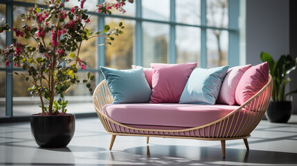 Light pink and blue stylish furniture, light blue or marine color armchair with decorative pillow,...