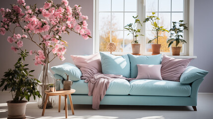 Light pink and blue stylish furniture, light blue or marine color armchair with decorative pillow, home style