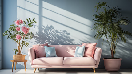 Light pink and blue stylish furniture, light blue or marine color armchair with decorative pillow, home style