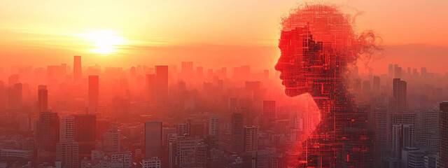 Person Standing in Front of City at Sunset