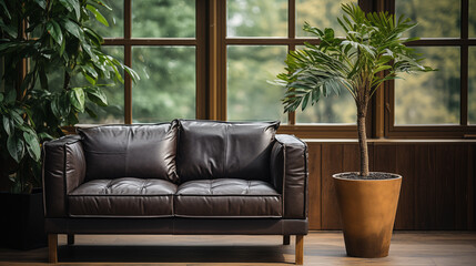 Dark stylish furniture, armchair and a couch with decorative pillow, home style	