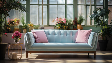 Light pink and blue stylish furniture, light blue or marine color armchair with decorative pillow,...