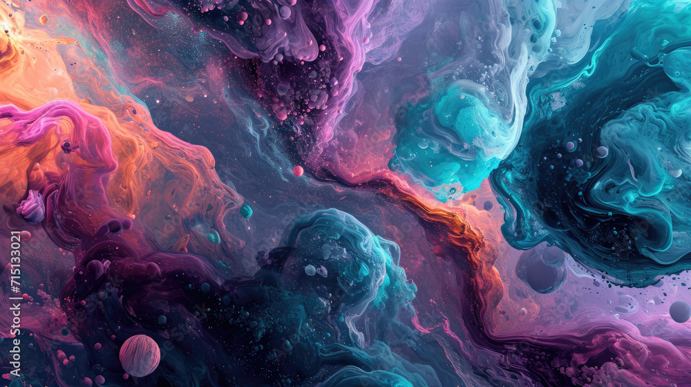 Poster a fluid background with a cosmic theme featuring a swirling galaxy in outer space colors