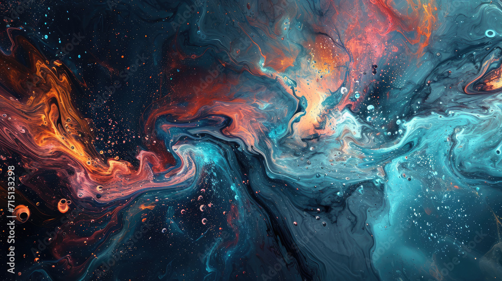 Poster a fluid background with a cosmic theme featuring a swirling galaxy in outer space colors