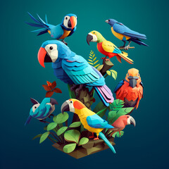 Obraz premium Blue macaw and parrot, folded, paper art, lots of birds perched on tree trunks, nature. 3D rendering design illustration.