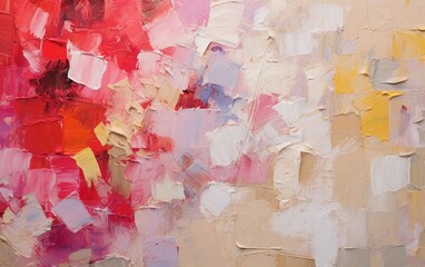 Abstract painting background with red and cream strokes using a palette knife in impasto style