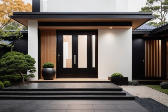 Residential architecture exterior home design of modern house japanese with main entrance of villa front yard in forest and black tiled wall and wooden wood lining