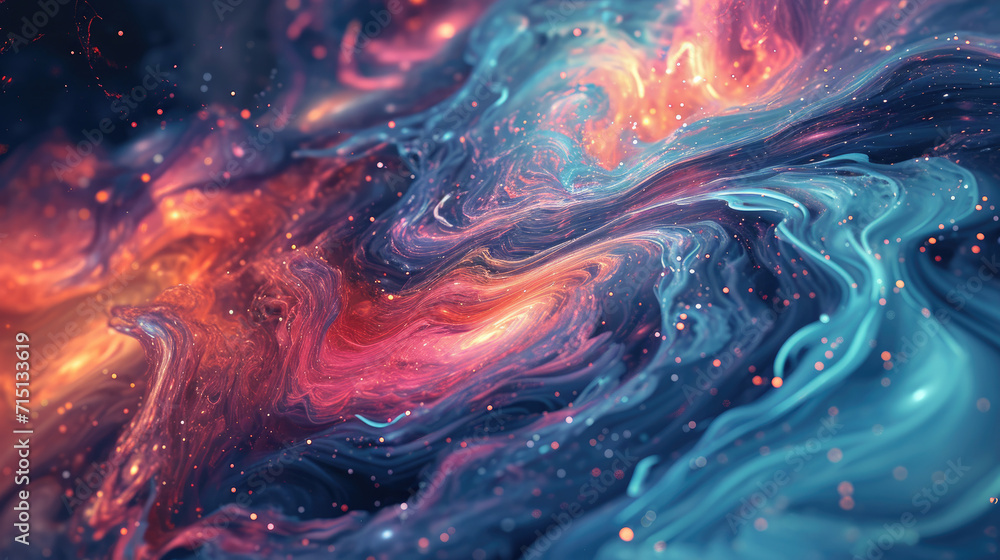 Poster a fluid background with a cosmic theme featuring a swirling galaxy in outer space colors