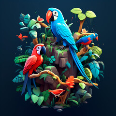 Blue macaw and parrot, folded, paper art, lots of birds perched on tree trunks, nature. 3D rendering design illustration.