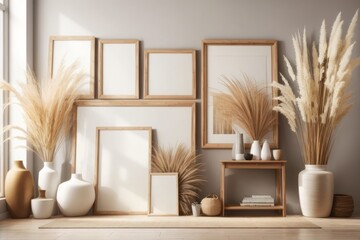 different wooden frames and blank canvas on the wall with a vase of pampas grass on the beige wall near the window