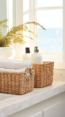two seagrass baskets filled with bathroom necessities