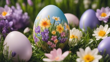 Easter, traditional family holiday, decoration with hand-painted eggs surrounded by spring flowers