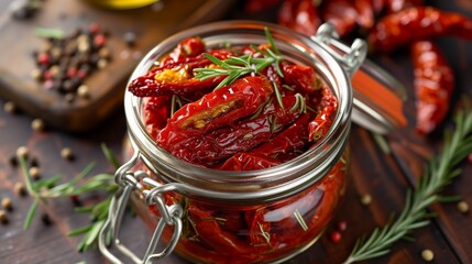 A jar filled with oil-preserving sun-dried tomatoes and herbs