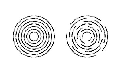 Circular ripple icons. Concentric circles with whole and broken dotted lines. Swirl, whirlpool, vortex, sonar wave, soundwave, sunburst, signal signs
