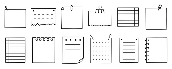 Memo sheets doodle set. Paper page, notes, reminder, sticky for bullet journal in sketch style. Hand drawn vector illustration isolated on white background.