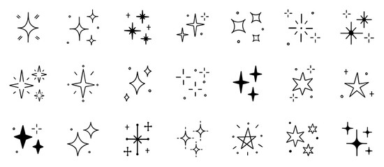 Stars and sparkles doodle set. Twinkle, blink, firework, glitter silhouette and glowing symbols in sketch style. Hand drawn vector illustration isolated on white background - obrazy, fototapety, plakaty
