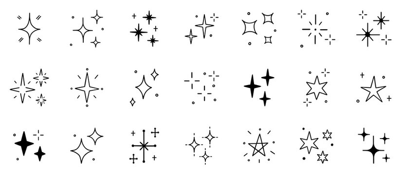 Stars and sparkles doodle set. Twinkle, blink, firework, glitter silhouette and glowing symbols in sketch style. Hand drawn vector illustration isolated on white background