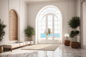 Interior home design of modern entrance hall with door and white house decorations and houseplants