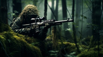 Sniper in the forest. Neural network AI generated art
