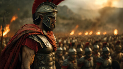 Ancient roman commander with his army on the battlefield preparing for war.