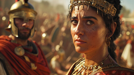 Beautiful ancient Roman queen with her commander and army on a battlefield ready to attack. - obrazy, fototapety, plakaty