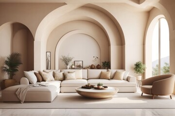 Interior home design of modern living room with beige sofa and houseplant decoration with arched window