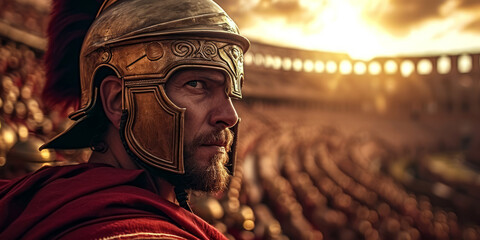 Ancient roman commander with his army in the arena preparing for war.