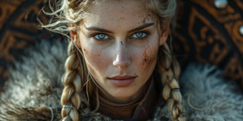 Beautiful female viking woman warrior. - obrazy, fototapety, plakaty