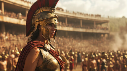 Female Spartan commander with golden helmet and her army in the arena. - obrazy, fototapety, plakaty