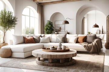 Fototapeta premium Interior home design of modern living room with sofa and rustic wooden table decorated with houseplants in a room with white stucco wall